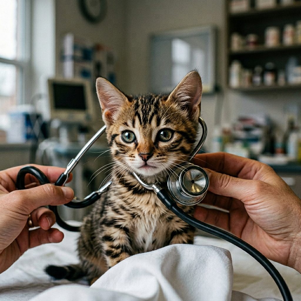 Kitten being examined with a stethoscope