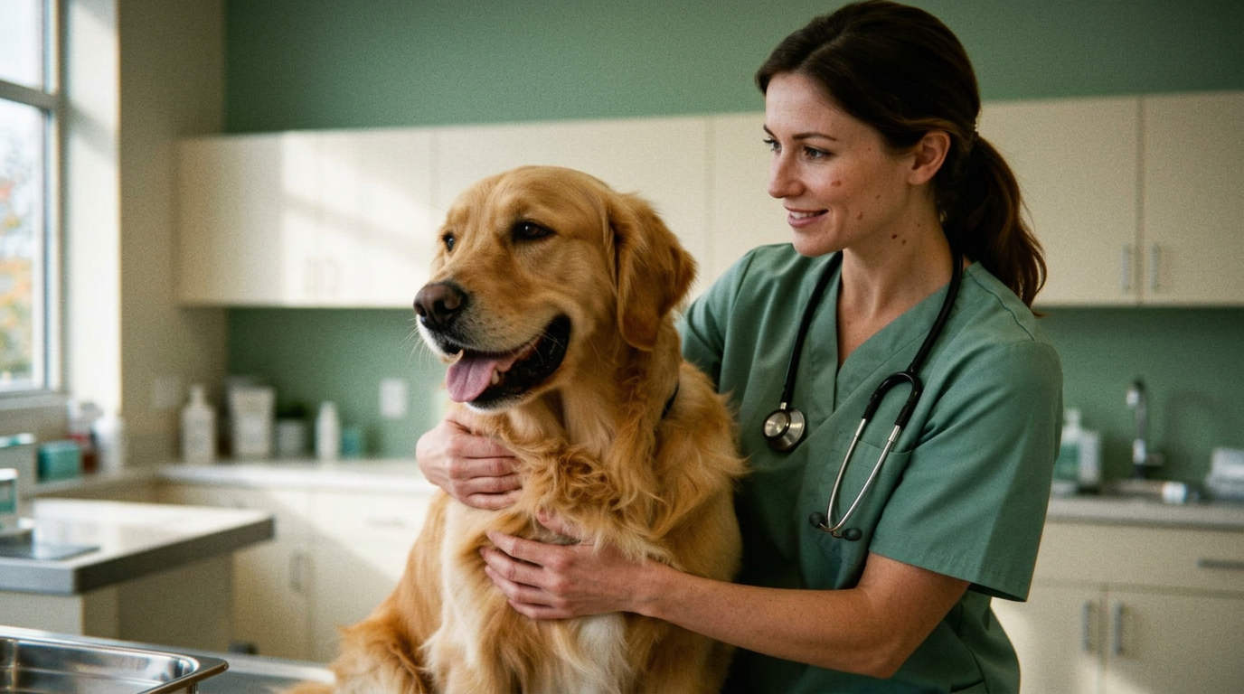 Veterinarian gently examining a golden retriever in a bright modern clinic